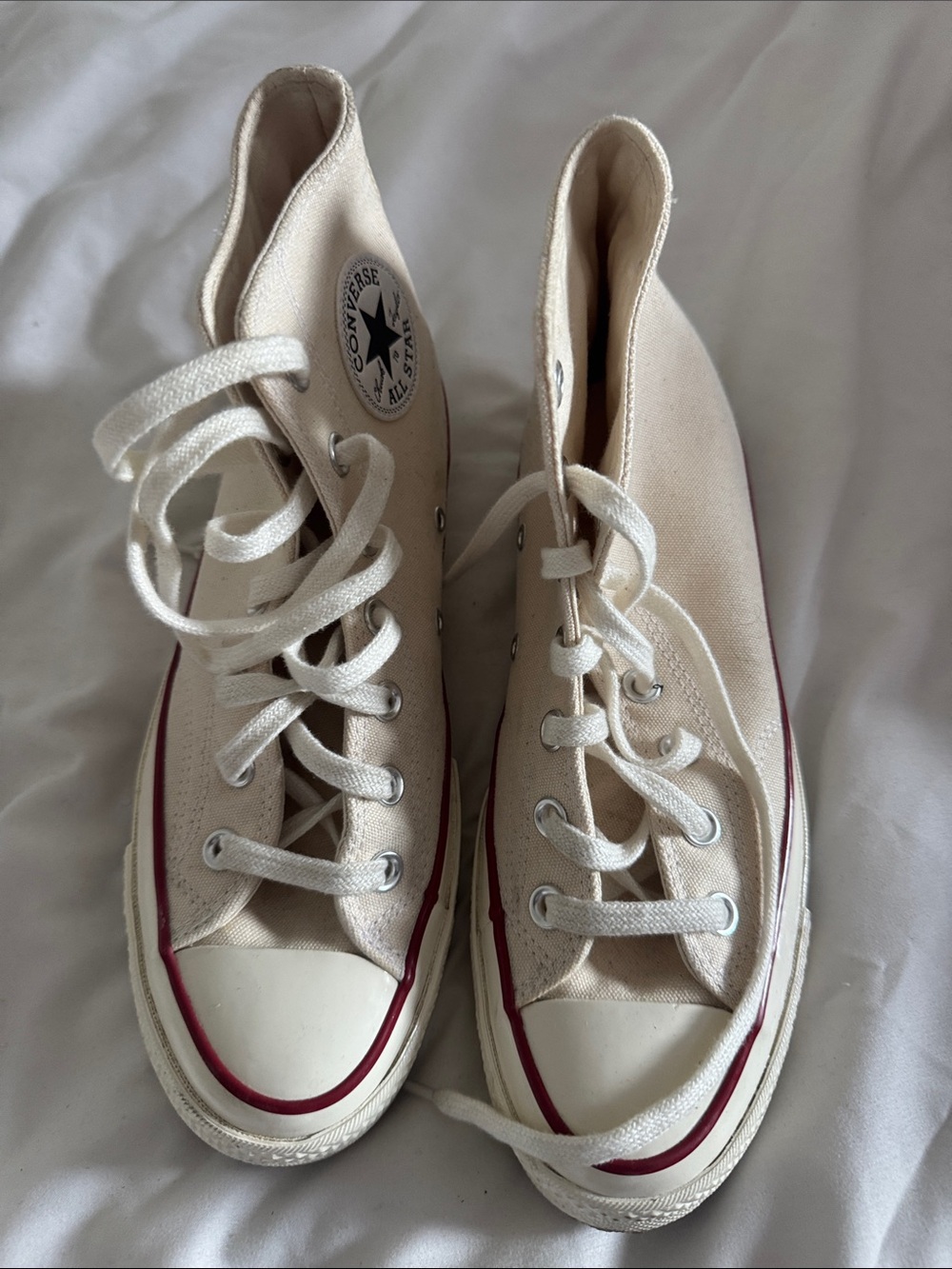 Converse High Top Chuck 70 Sneakers in Cream with Red Trim
